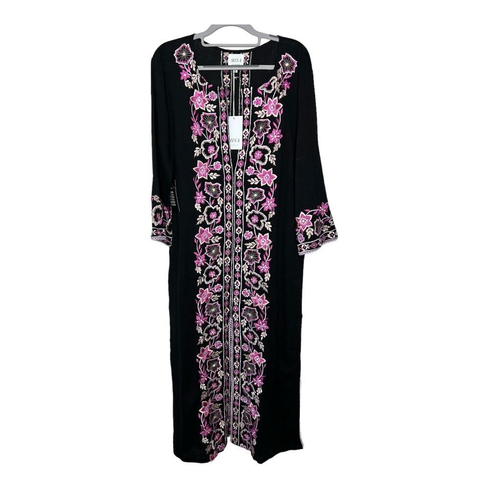 MISA LA x Anthropologie Dress Womens Medium Black Pink Embroidered Maxi Boho